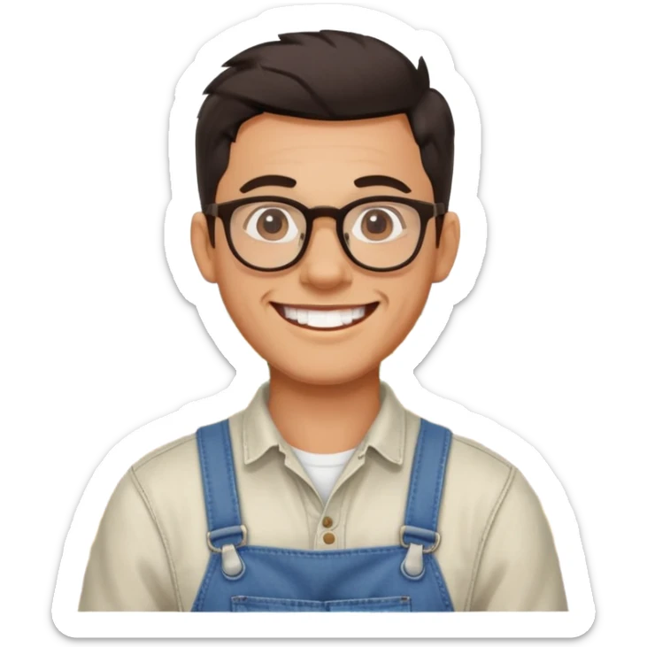 smiling dark-haired man with glasses, big teeth, standard male haircut, rural farmer sticker