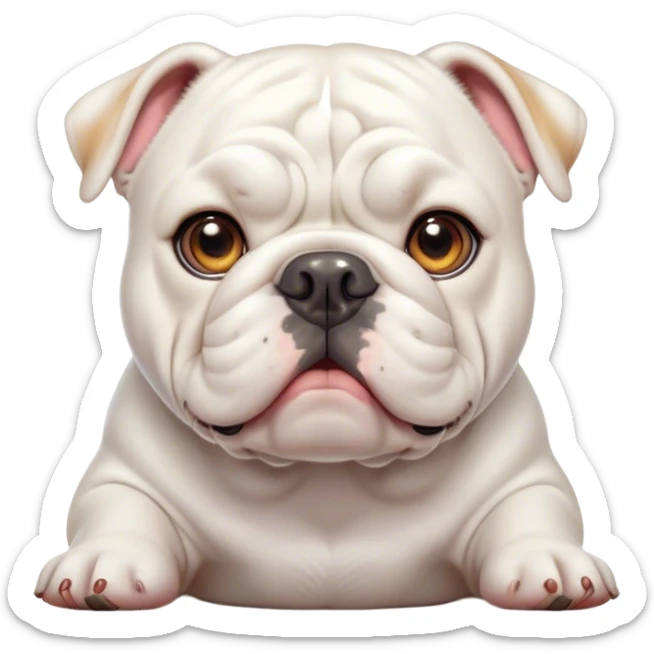 Cinematic Cute White English Bulldog Portrait Emoji, Head tilted playfully and inquisitively, featuring a silky pure white coat with a gentle sheen, round, sparkling brown eyes filled with curiosity, Simplified yet irresistibly adorable features, highly detailed, glowing with a warm, friendly glow, high shine, affectionate and charming, stylized with a touch of whimsy, bright and endearing, soft glowing outline, capturing the essence of a mischievous yet loving companion, so playful it feels like it could bound out of the screen and into your arms! sticker