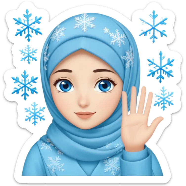 Turkish beautiful finish Konya girl blue eyes with light blue winter design hijab islamic dress and had on her hand snowflakes and she wave one's hand sticker