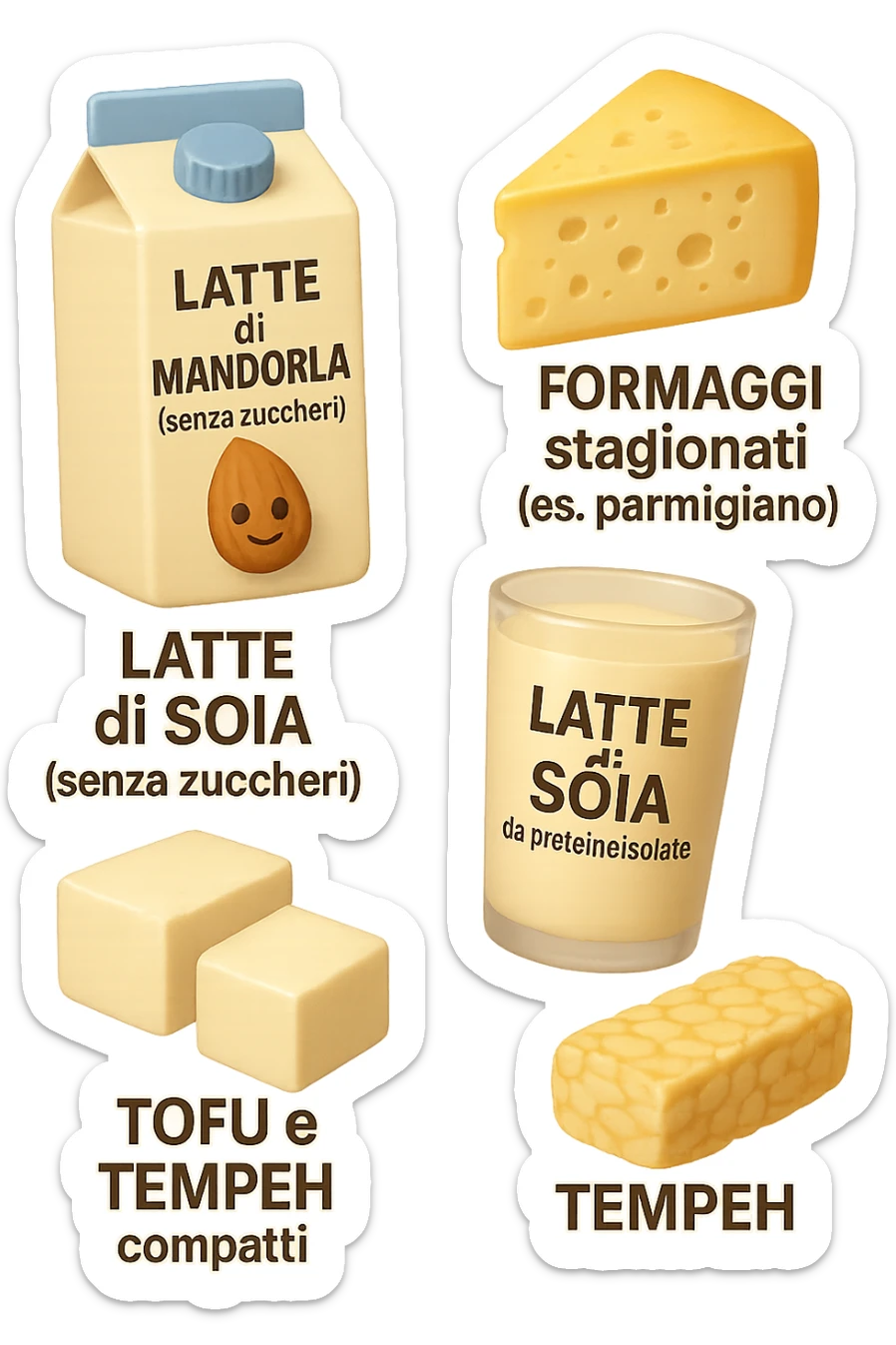 emoji stile iphone 3d di Latte e yogurt delattosati in italiano
Latte di mandorla (non zuccherato)
Latte di soia da proteine isolate
Formaggi stagionati (es. parmigiano)
Tofu compatto e tempeh
 che fluttuano in aria, iperealistico 4k sticker