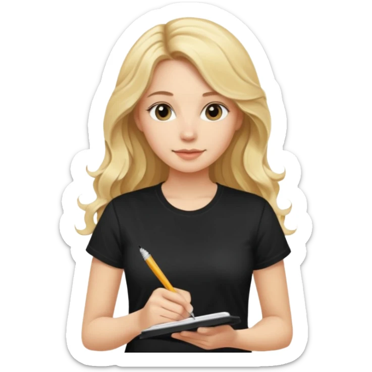 a beautiful blonde with long wavy hair-in-a-black-t shirt-a writes in a diary with a pen sticker
