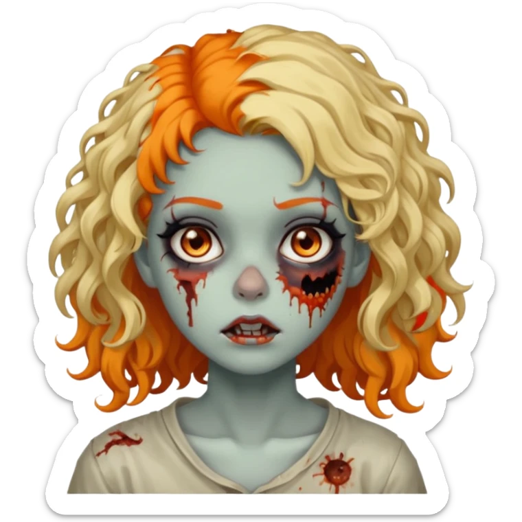 Faça uma garota zumbi de cabelo cacheado preto e uma mecha descolorida meio alaranjada do lado esquerdo sticker