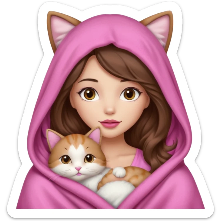 girl with long wavy brown hair, brown eyes, long lashes makeup, sexy pink lips, light to medium complexion, wearing a pink sexy silk top, big blanket over the head cozy holding a cat,  sticker