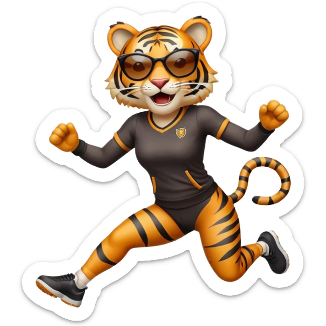 female energetic anthropomorphised tiger in sports clothes, wearing dark sunglasses, jumping with excitement sticker
