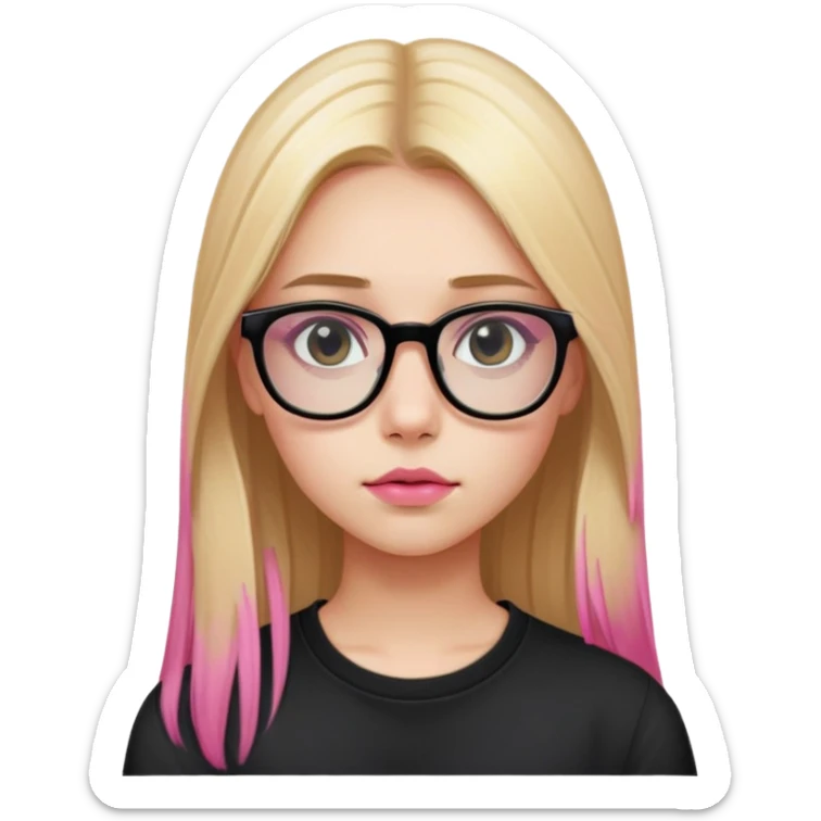 Teenage girl taking a selfie in a school bathroom. Long straight blonde hair with pink dye, rectangular glasses, black shirt, neutral expression with slightly glossy lips sticker