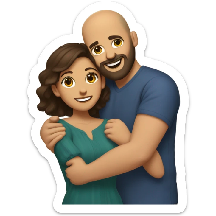 Brown-haired Puerto Rican woman with dark brown eyes wearing a cute blouse giving comforting hug to short, bald man with brown eyes, laugh lines, and a beard sticker