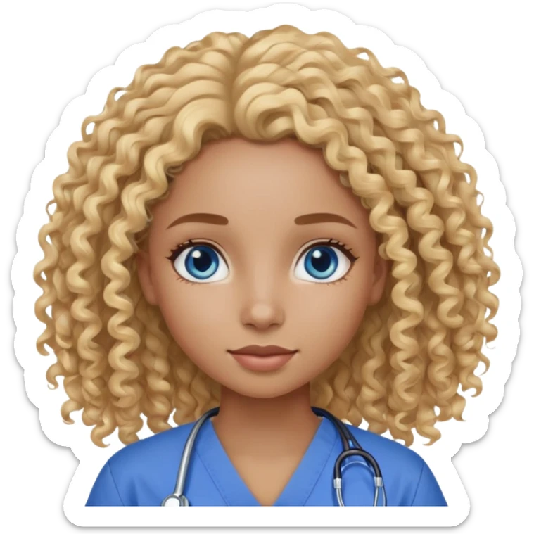 African girl with curly blonde hair blue eyes in scrubs  sticker