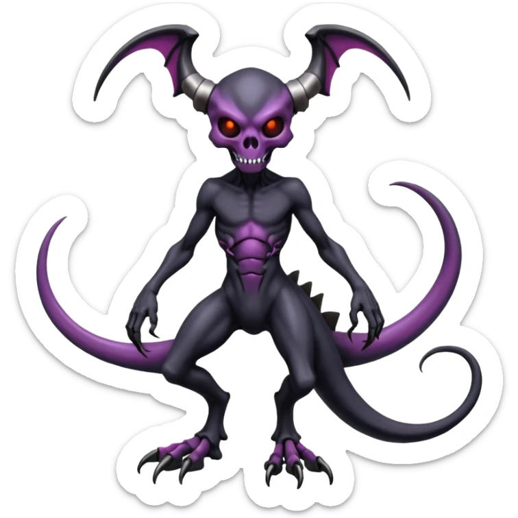 Shiny Horned Futuristic Badass Demonic Spectral Dusky Spooky Skull-faced Cool Hot Stylish Handsome Alien-Salandit-Darkrai-Genesect-Fakémon-fusion (full body) sticker