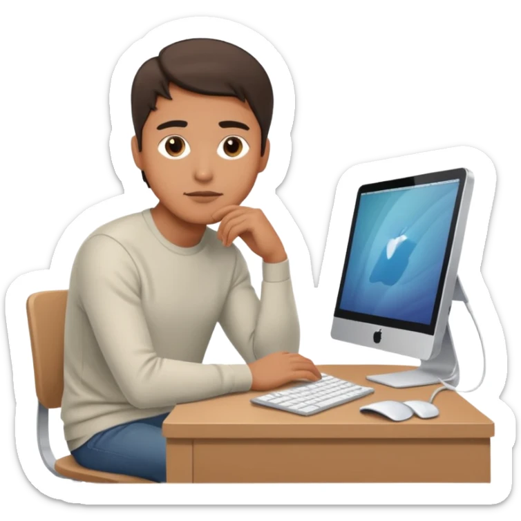 emoji of a man sitting at the table with an imac on it, a man sits in a very thoughtful pose sticker