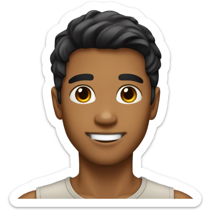 A young man with caramel brown skin, slightly longer black hair, a smiling face without a beard.  sticker