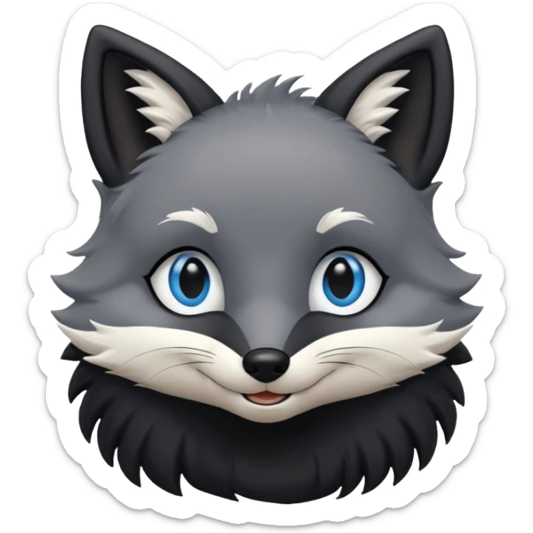 Grey furry fox with a black coat, blue eyes, and a small fringe of black hair, smiling sticker
