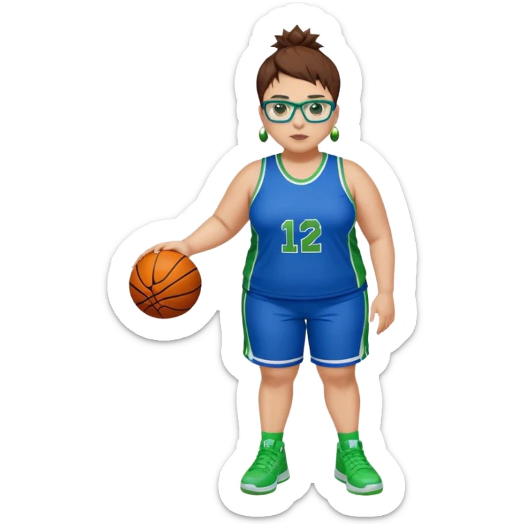 Full Body white plus size Girl with basketball spikey short brown HAIR wearing blue glasses with green eyes wearing blue and green basketball uniform PLAIN WITH GREEN SHOES AND EARRINGS sticker