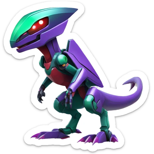 a purple-green-red Genesect-Raptor-Fakémon—hybrid with a futuristic visor-helmet full body sticker
