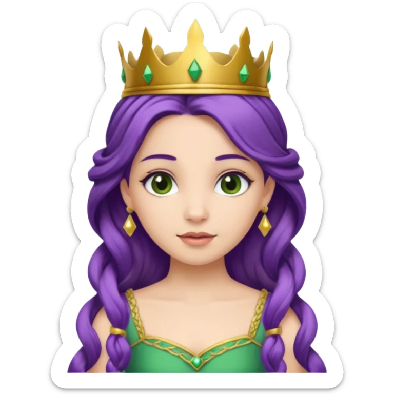 Princesses, with Gold Crown on purple braid hair, with green dress sticker