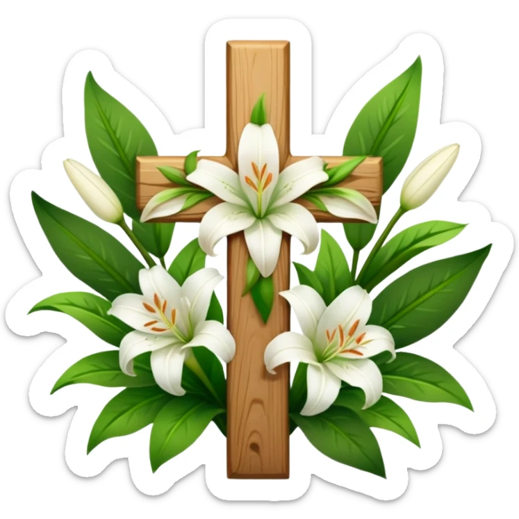 A wooden cross with white lilies around the bottom.. No lilies on the centre of the cross.  sticker
