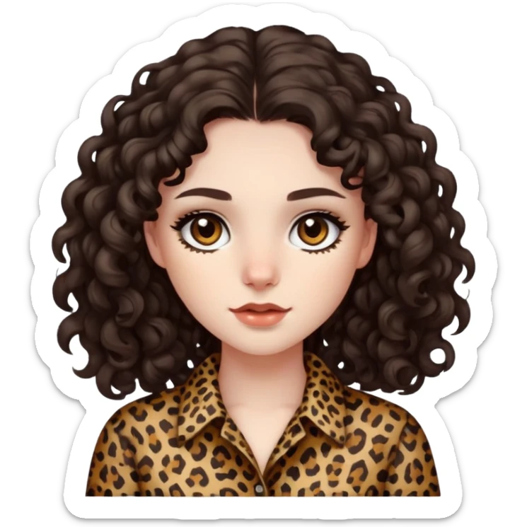 pale girl with dark brown eyes and long curly dark brown hair with leopard print shirt  sticker