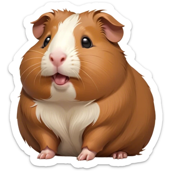 Cinematic Cute Yawning Brown Guinea Pig Portrait Emoji, Head tilted slightly with a dramatic, wide-open yawn, revealing a soft brown coat and tiny, droopy ears, round dark eyes barely open in drowsy contentment, Simplified yet irresistibly adorable features, highly detailed, glowing with a soft, cozy glow, high shine, relaxed yet expressive, stylized with a touch of whimsy, bright and endearing, soft glowing outline, capturing the essence of a sleepy yet affectionate guinea pig, so drowsy it feels like it could stretch out of the screen and curl up for a nap! sticker