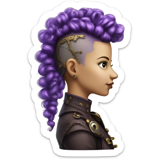 Photorealistic steampunk profile short mohawk purple  curl on Caucasian girl with small nose round face sticker