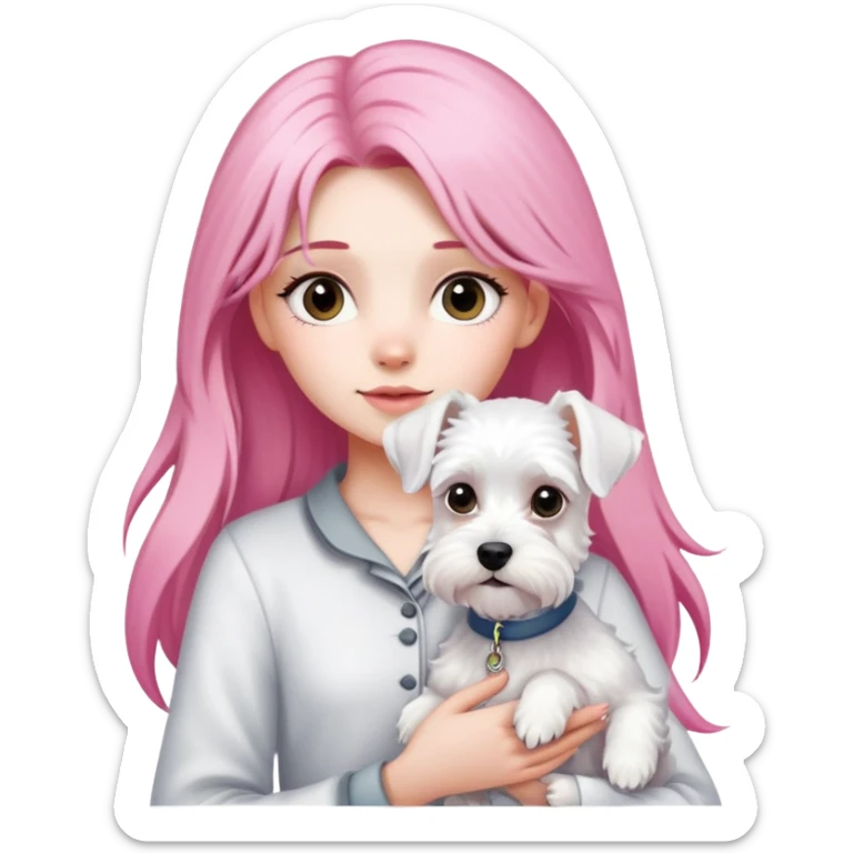 Girl with long pink hair holding a white schnauzer dog sticker