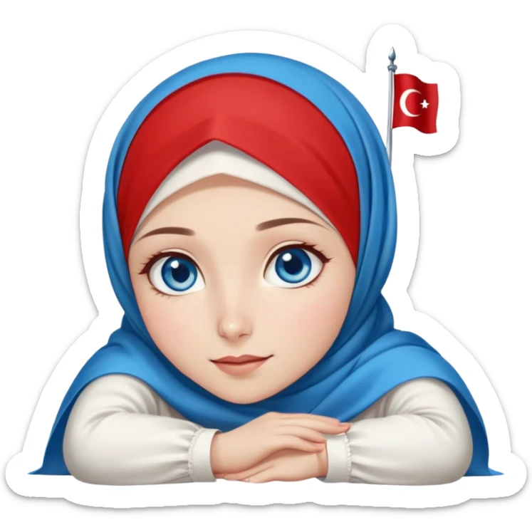 Turkish beautiful finish Konya girl blue eyes with red white hijab dress with turkish flag and watching the sky on the ground  sticker