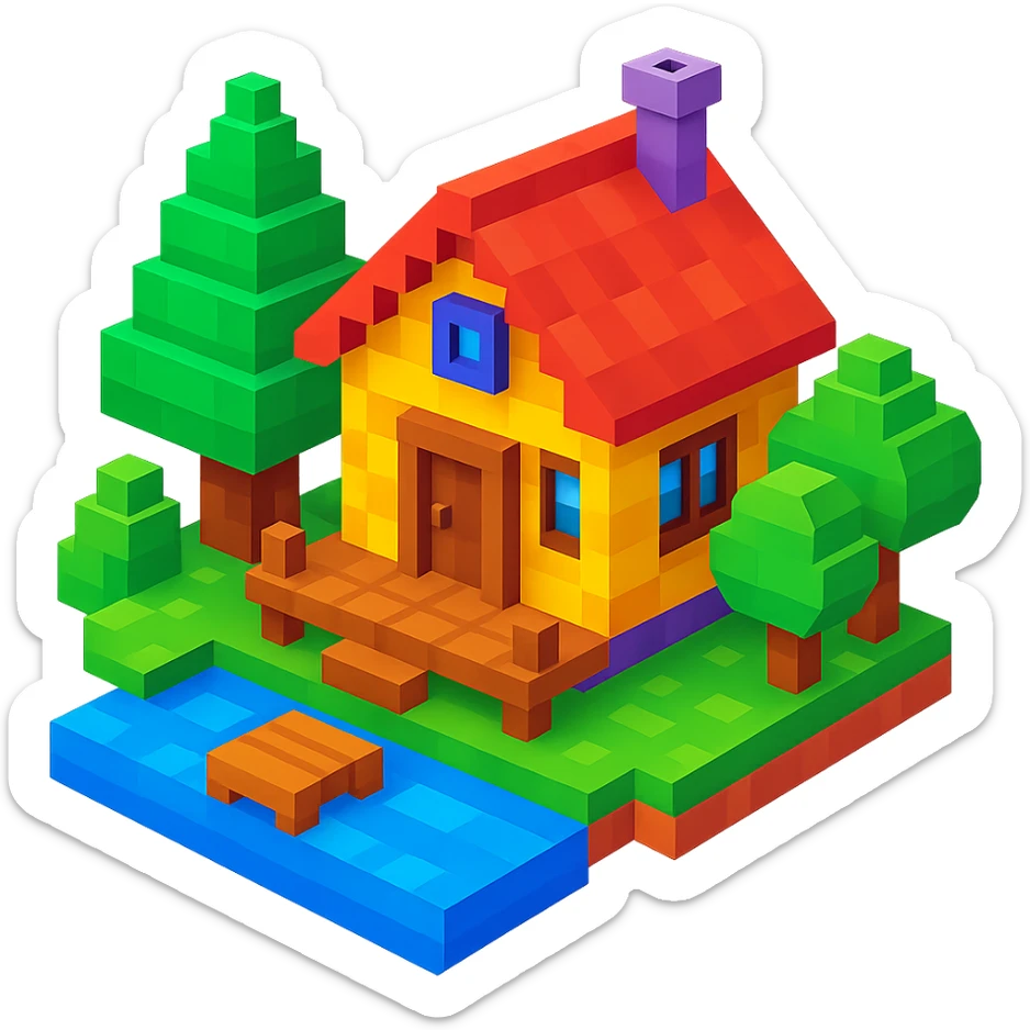 a cozy cabin by a lake in voxel style sticker
