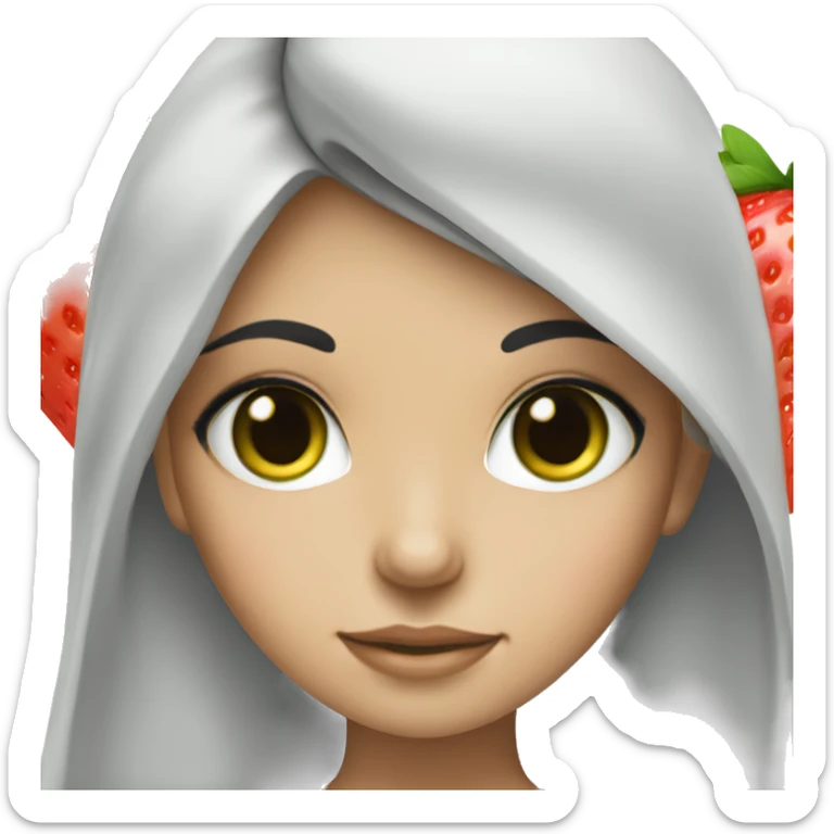 arab white girl with long black hair holding a strawberry and green eyes sticker