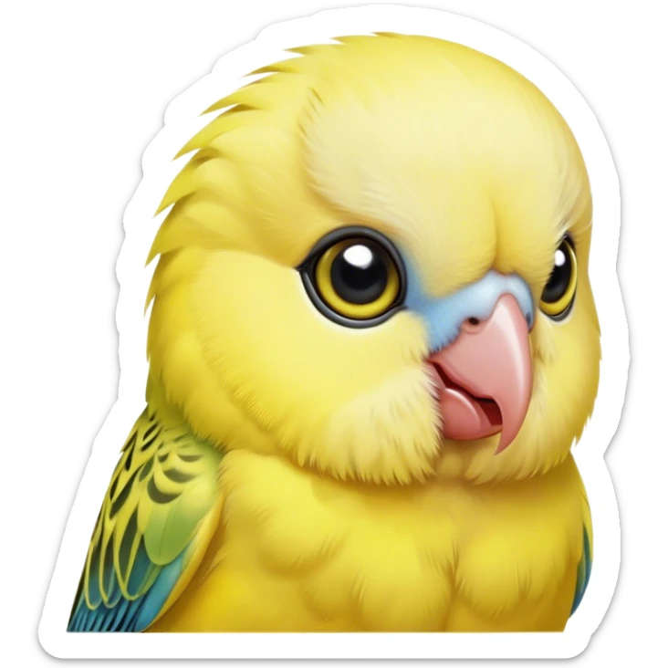 Cinematic Cute Yellow Budgie Portrait Emoji, Head tilted playfully and inquisitively, featuring a radiant yellow feathered fur with a natural sheen, round, sparkling dark eyes filled with curiosity, Simplified yet irresistibly adorable features, highly detailed, glowing with a warm, friendly glow, high shine, affectionate and lively, stylized with a touch of whimsy, bright and endearing, soft glowing outline, capturing the essence of a mischievous yet loving budgie, so playful it feels like it could chirp out of the screen and into your arms! sticker