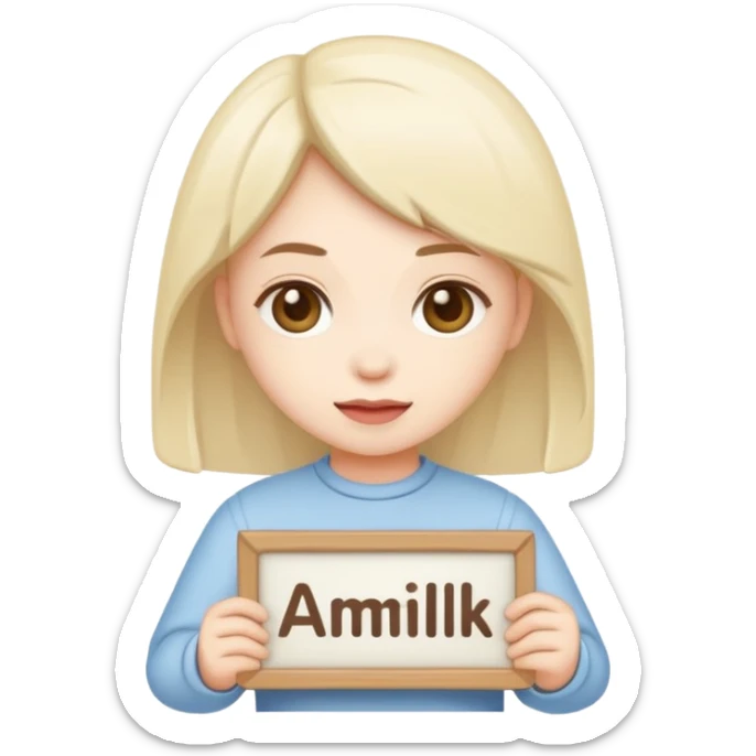 Chibi cult girl emoji, flat vector style, bold outline, holding a sign that says “AMILK” in clear capital letters, centered, simple background sticker
