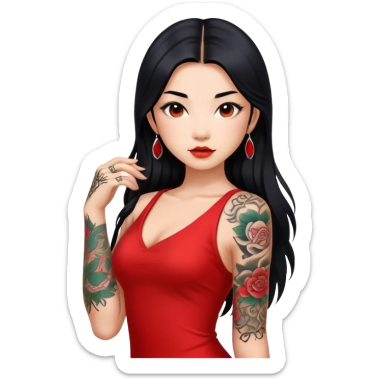 Beautiful Asian girl with long black hair and body tattoos wearing a red dress sticker