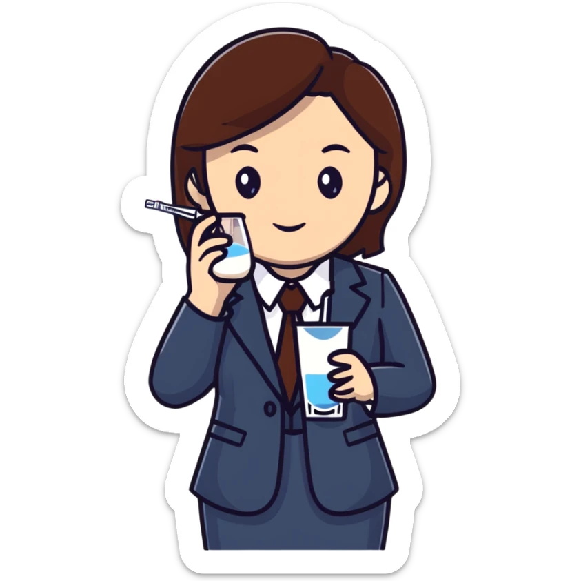 Mom with brown hair in business suit drinking milk and holding a vaccine syringe sticker