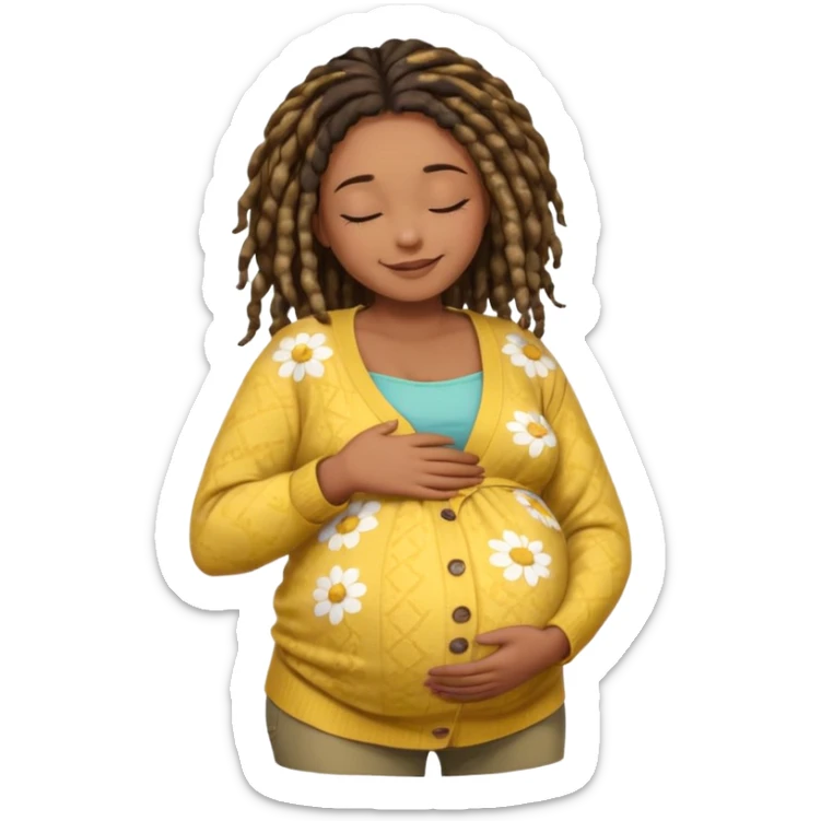 pregnant black woman with dread lock hair happily touching her big belly while wearing casual shirt and yellow warm  flowery cardigan closing her eyes and smile wamrly sticker