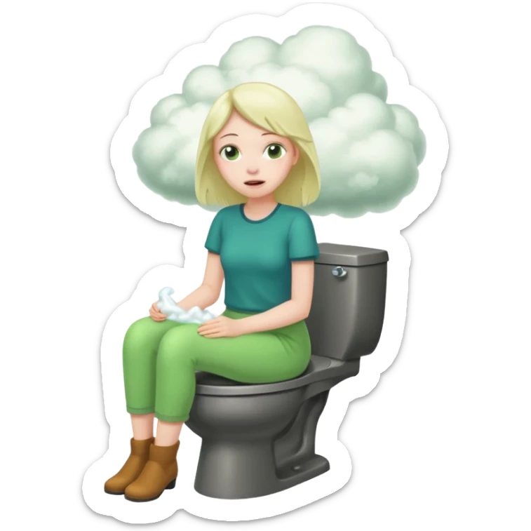 Girl on toilet with green fart clouds around here, she looks relieved sticker