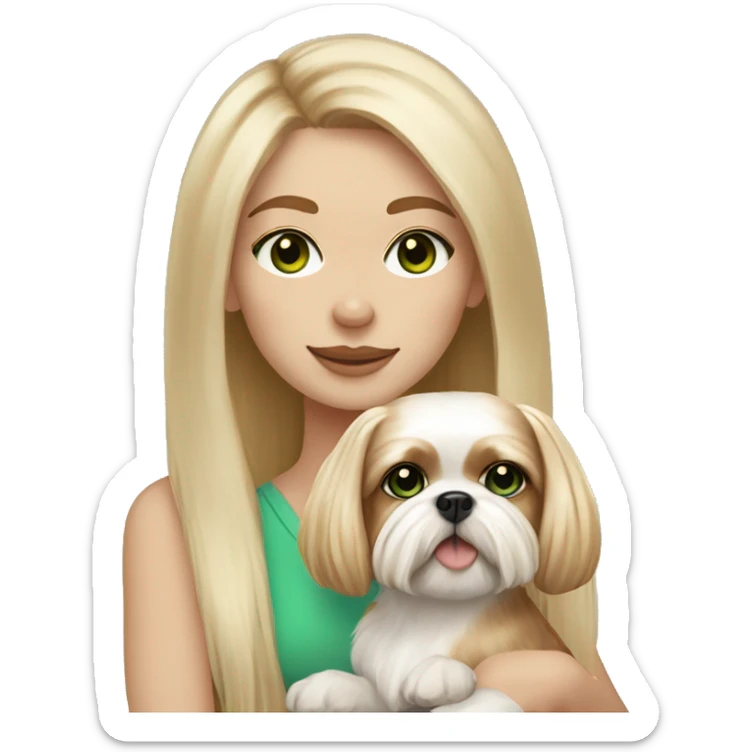Girl with lots of freckles, long blonde hair, freckles, and bright green and blue eyes holding an all beige shih tzu dog  sticker