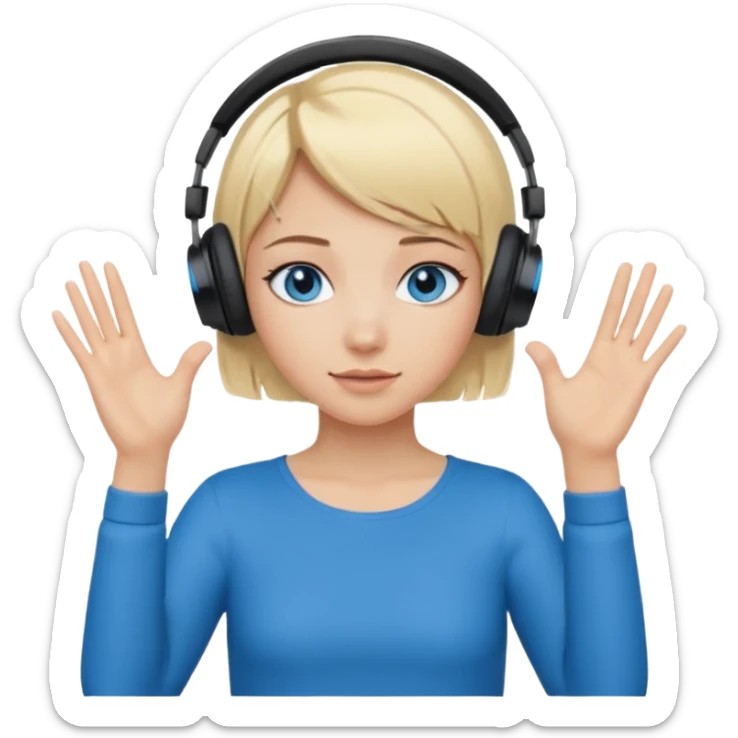 girl with blonde and middle short hair and blue eys with heands telling what, having heaphones on head,  sticker