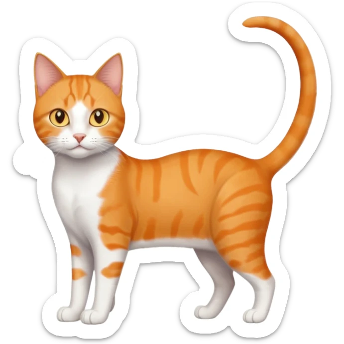 full body realistic orange domestic shorthair slim cat with yellow/orange eyes paw being white and the other being half sticker