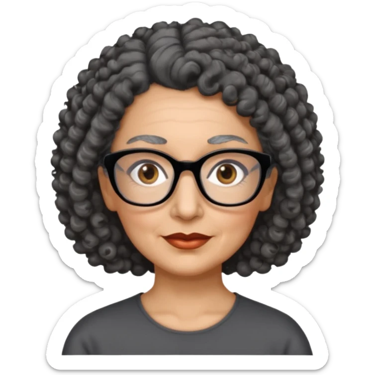 femme 60 ans cheveux gris foncé très bouclé attaché et yeux marrons foncé,  lunettes rectangle noir sticker