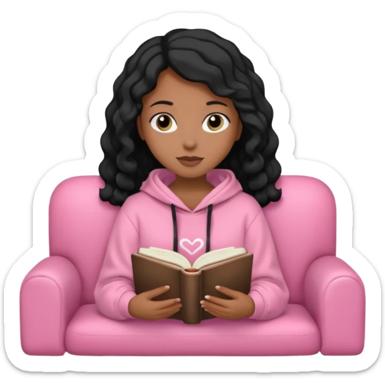Una chica linda de cabello negro con ondas hasta los hombros de piel blanca con una sudadera rosa en un sofá cómodo y hermoso leyendo la biblia sticker