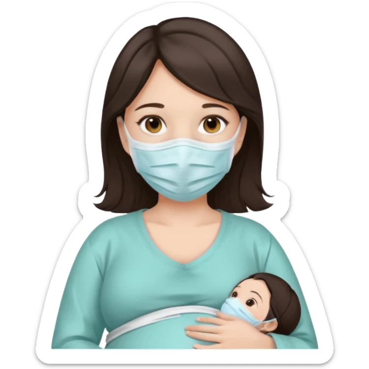 a pregrant lady with dark brown hair? Hair lengt above shoulder, wearing medical face mask sticker