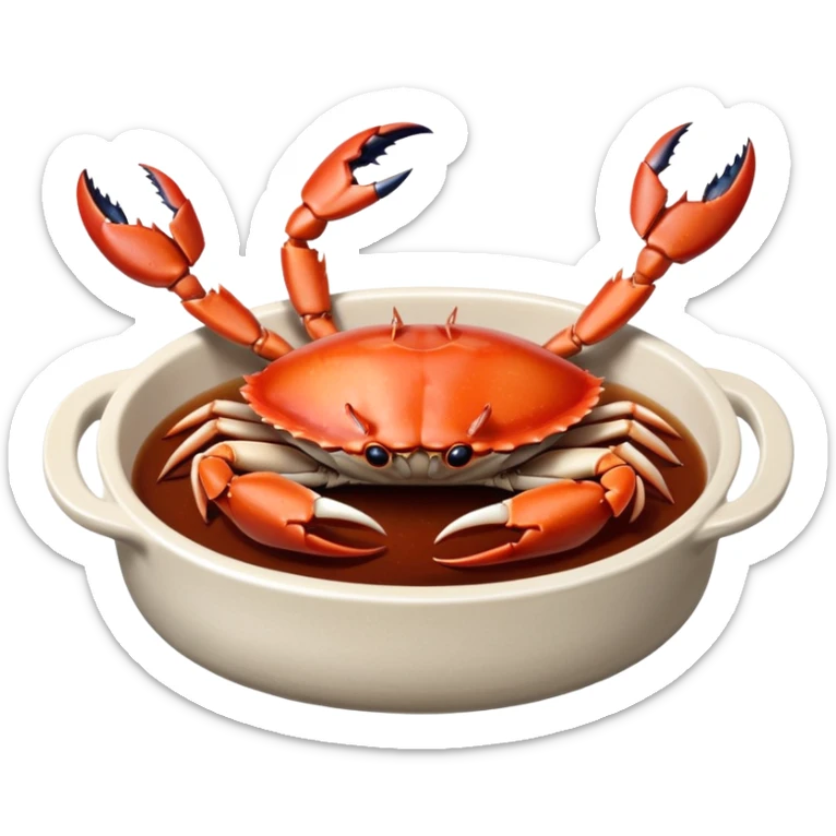 Korean dish Ganjang-gejang, raw crab marinated in dark soy sauce, crab claws and body visible, glossy sauce, served in a small dish, appetizing and authentic sticker