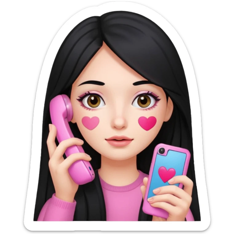 Chica de pelo negro y largo con un móvil rosa y parches de skincare debajo de los ojos sticker