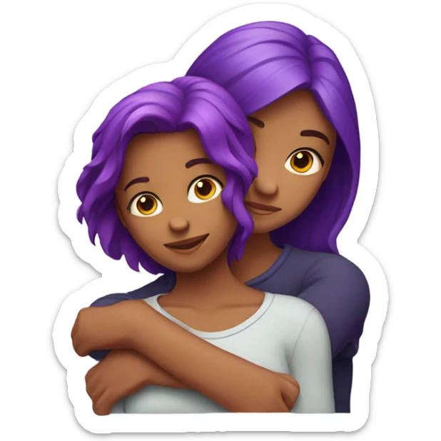  2 girls, One with red hair one with purple hair, hugging sticker