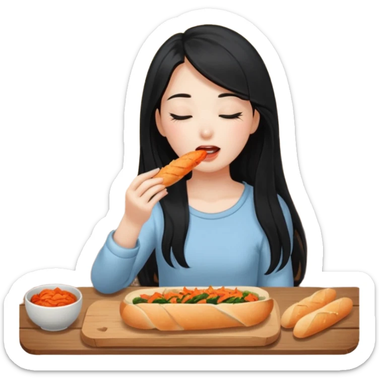 Girl with black long hair eat kimchi close eyes baguette sticker