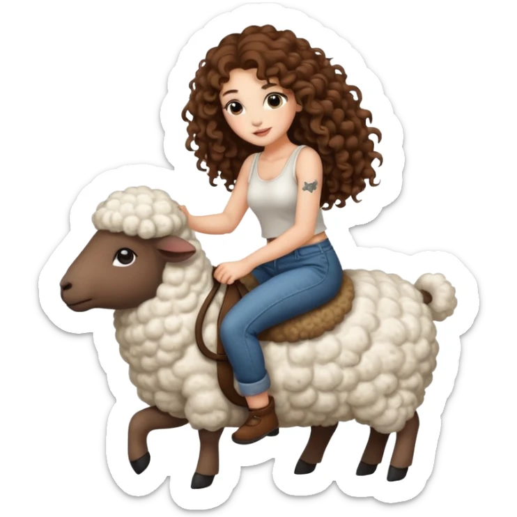 cute woman long curly brown hair tattoos riding fluffy sheep sticker