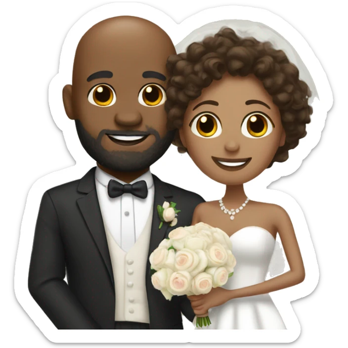 Black bald man with a beard and his wife with long, brown, curly hair on their wedding day sticker