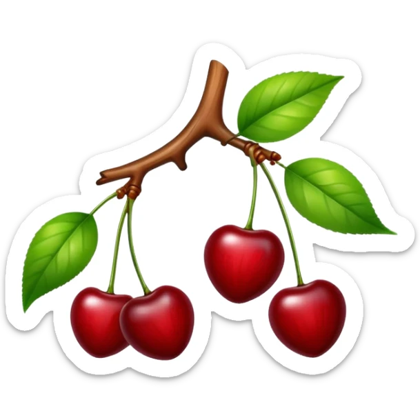 Two glossy red cherries hanging from a wooden branch with green leaves sticker