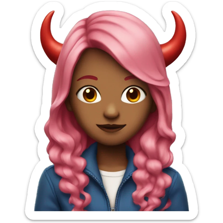 Girl with long pink hair and red devil horns and blue jacket sticker