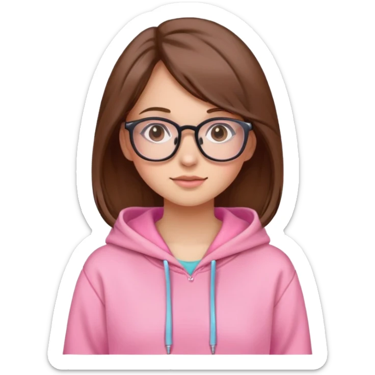 A pretty girl with brown hair and glasses wearing a pink cute hoodie sticker
