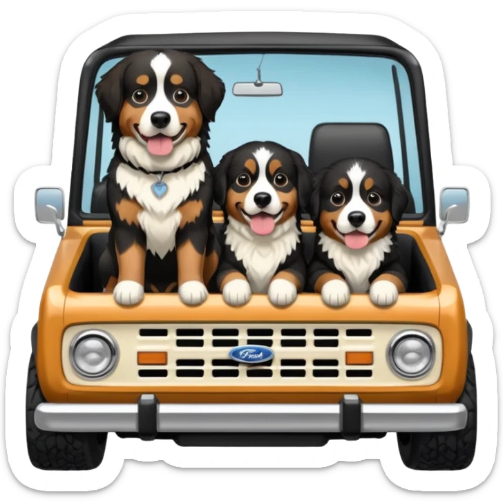 Cream colored ford bronco with no roof and an adult Bernese mountain dog in the seat sticker