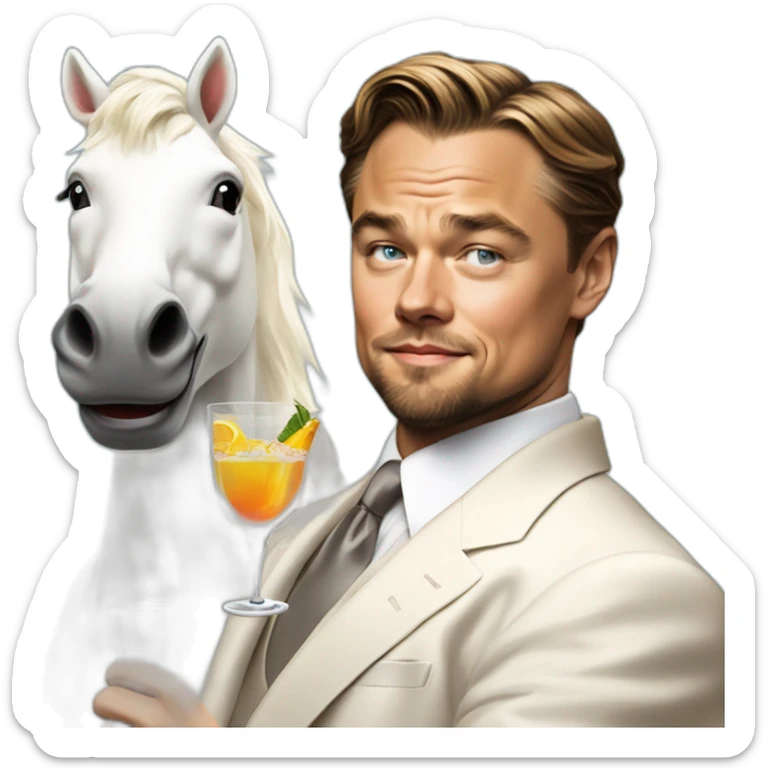 Leonardo DiCaprio smiling, raising a glass of cocktail and riding a white unicorn as a rich billionaire sticker