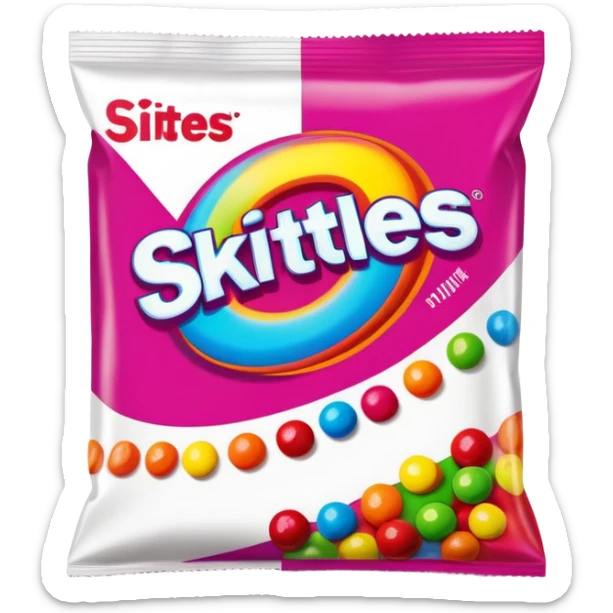 A vintage 90s Skittles package with neon accents, radical 90s American style, old school logo, bright and colorful sticker